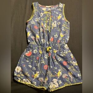 Mini Boden Washed Navy Floral & Bird Print Sleeveless Romper with Yellow Trim